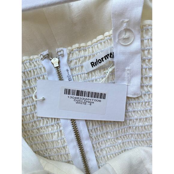 Reformation Dolci Linen White Corset Smocked Midi Ruffle Hem Dress 6 NWT - Picture 12 of 14